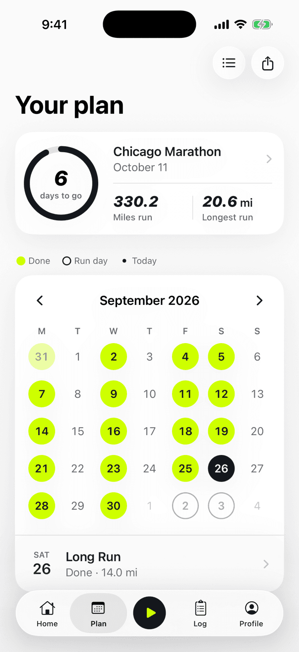 Kiki's calendar view for September 2026, with every completed run marked