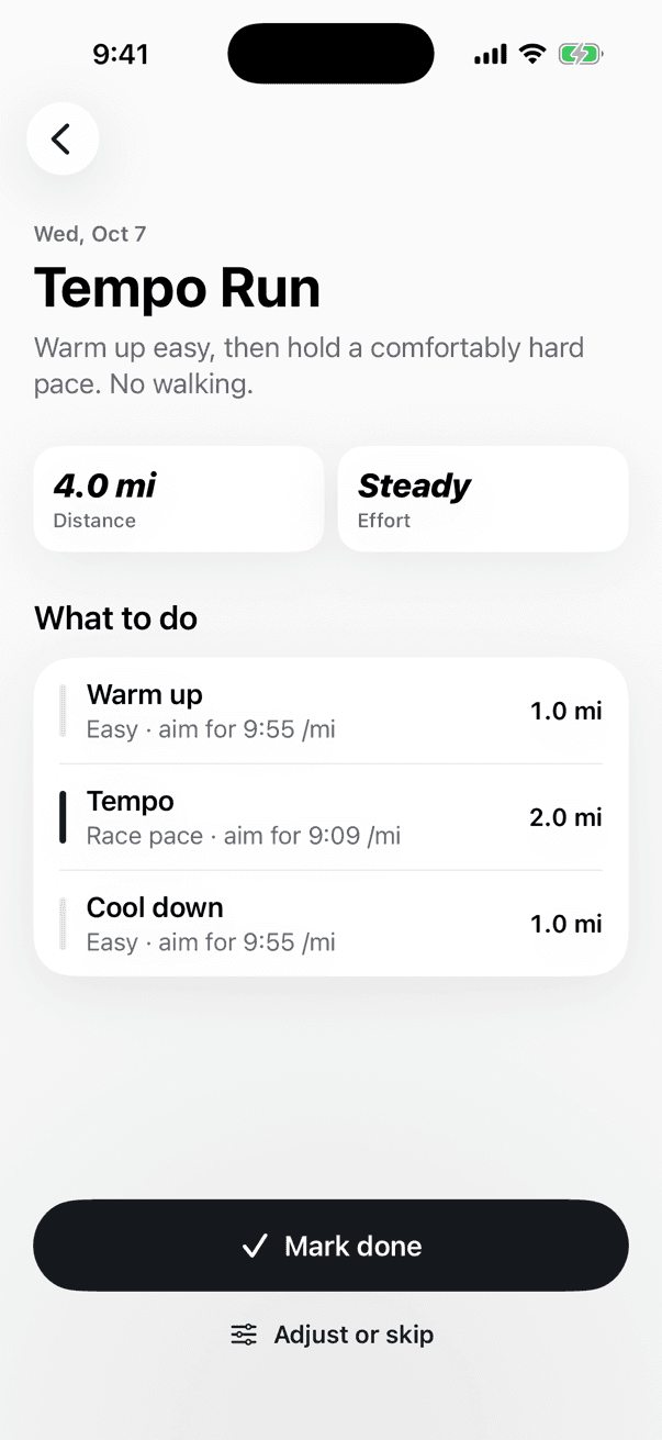 A Tempo Run in Kiki: 4.0 miles, about 34 minutes, with warm up, tempo and cool down steps